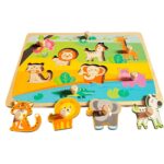 Puzzle Montessori din Lemn pentru Copii, Embo, 0-3 Ani, Model Animale din Jungla, Educativ, Intuitiv, Creativ, 9 Piese, 30x22.5x0.8 cm, Multicolor
