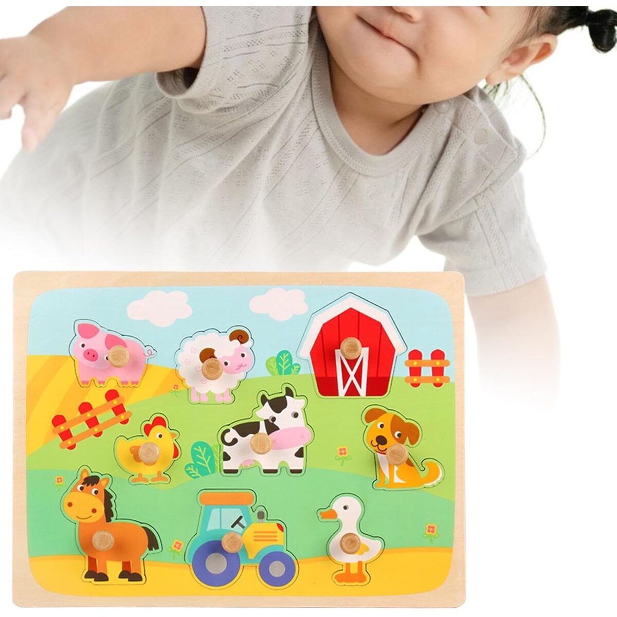 Puzzle Montessori din Lemn pentru Copii, Embo, 3D, 0-3 Ani, Model Ferma, Educativ, Intuitiv, Creativ, 9 Piese, 30x22.5x0.8 cm, Multicolor - imagine 6