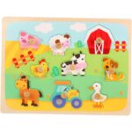 Puzzle Montessori din Lemn pentru Copii, Embo, 3D, 0-3 Ani, Model Ferma, Educativ, Intuitiv, Creativ, 9 Piese, 30x22.5x0.8 cm, Multicolor