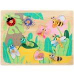 Puzzle Montessori din Lemn pentru Copii, Embo, 3D, 0-3 Ani, Model Insecte, Educativ, Intuitiv, Creativ, 9 Piese, 30x22.5x0.8 cm, Multicolor