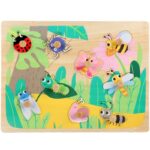 Puzzle Montessori din Lemn pentru Copii, Embo, 3D, 0-3 Ani, Model Insecte, Educativ, Intuitiv, Creativ, 9 Piese, 30x22.5x0.8 cm, Multicolor