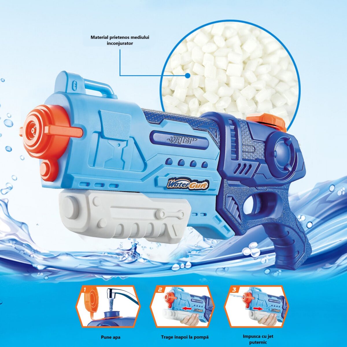 Pistol cu Apa pentru Copii, Rezervor, Pentru Piscina/Plaja, Embo, 6ani+,  Albastru, 990ML - imagine 3