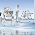 Scaun de Masa 2in1, Embo, pentru Copii 6 luni - 4 Ani, Pliabil, cu Roti, Balansoar, Leagan, Reglabil, Tava de Masa Dubla, Centura in 5 Puncte, 96 x 56 x 76 cm, Gri - imagine 4