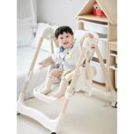 Scaun de Masa 2in1, Embo, pentru Copii 6 luni - 4 Ani, Pliabil, cu Roti, Balansoar, Leagan, Reglabil, Tava de Masa Dubla, Centura in 5 Puncte, 96 x 56 x 76 cm, Sampanie - imagine 5