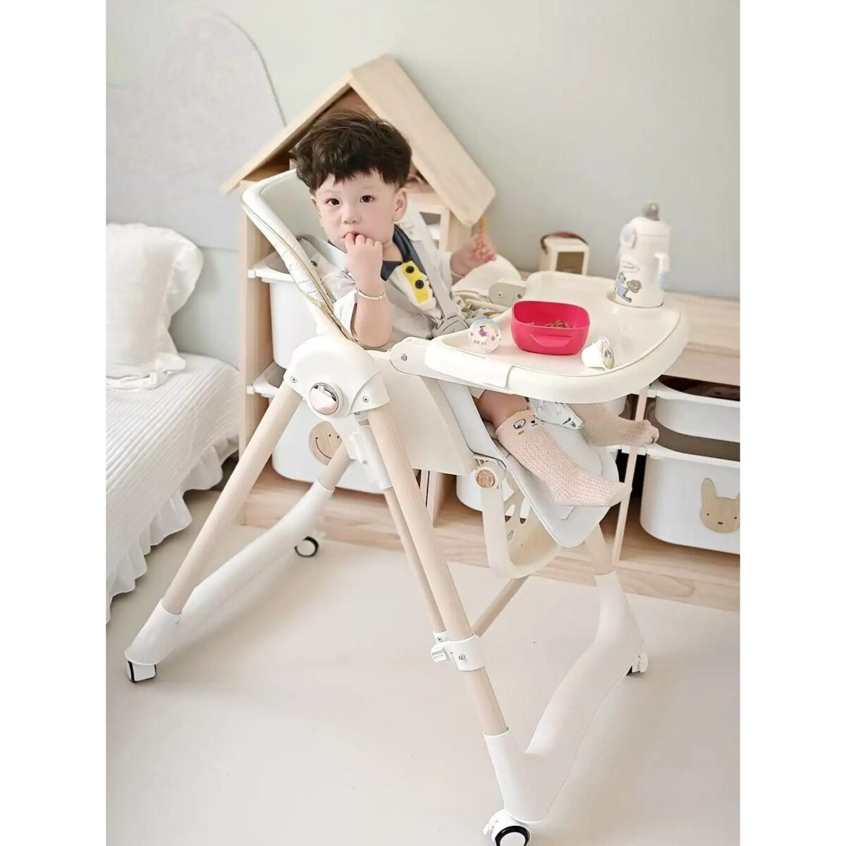 Scaun de Masa 2in1, Embo, pentru Copii 6 luni - 4 Ani, Pliabil, cu Roti, Balansoar, Leagan, Reglabil, Tava de Masa Dubla, Centura in 5 Puncte, 96 x 56 x 76 cm, Sampanie - imagine 6