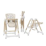 Scaun de Masa 2in1, Embo, pentru Copii 6 luni - 4 Ani, Pliabil, cu Roti, Balansoar, Leagan, Reglabil, Tava de Masa Dubla, Centura in 5 Puncte, 96 x 56 x 76 cm, Sampanie