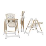 Scaun de Masa 2in1, Embo, pentru Copii 6 luni - 4 Ani, Pliabil, cu Roti, Balansoar, Leagan, Reglabil, Tava de Masa Dubla, Centura in 5 Puncte, 96 x 56 x 76 cm, Sampanie