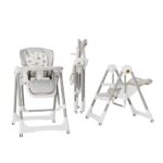 Scaun de Masa 2in1, Embo, pentru Copii 6 luni - 4 Ani, Pliabil, cu Roti, Balansoar, Leagan, Reglabil, Tava de Masa Dubla, Centura in 5 Puncte, 96 x 56 x 76 cm, Gri