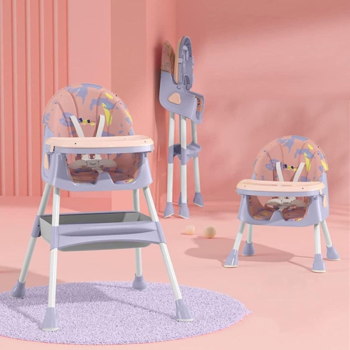 Scaun de Masa 2in1, Embo, pentru Copii de la 6 luni - 5 Ani, Inaltime Reglabila, Centura in 5 Puncte, Tava de Masa, Roti cu Frana, Cos Depozitare, Jucarie Inclusa, 94 x 78 x 60 cm, Roz/Mov - imagine 2