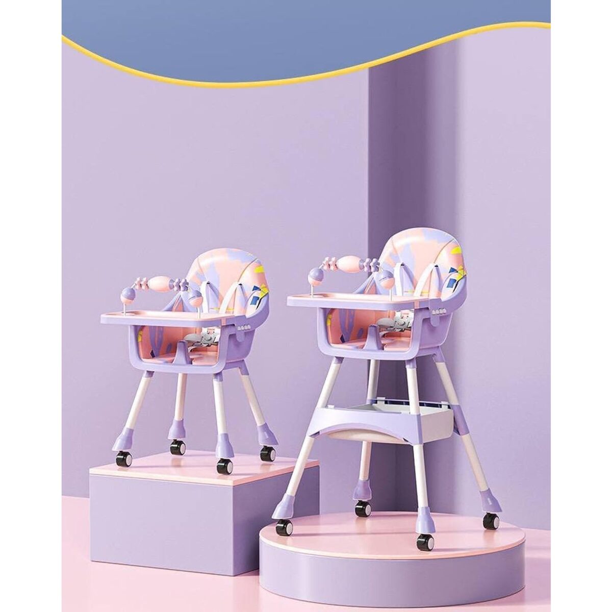 Scaun de Masa 2in1, Embo, pentru Copii de la 6 luni - 5 Ani, Inaltime Reglabila, Centura in 5 Puncte, Tava de Masa, Roti cu Frana, Cos Depozitare, Jucarie Inclusa, 94 x 78 x 60 cm, Roz/Mov - imagine 4
