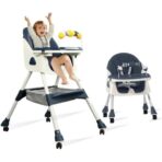 Scaun de Masa 2in1, Embo, pentru Copii de la 6 luni - 5 Ani, Inaltime Reglabila, Centura in 5 Puncte, Tava de Masa, Roti cu Frana, Cos Depozitare, Jucarie Inclusa, 94 x 78 x 60 cm, Albastru/Alb - imagine 3