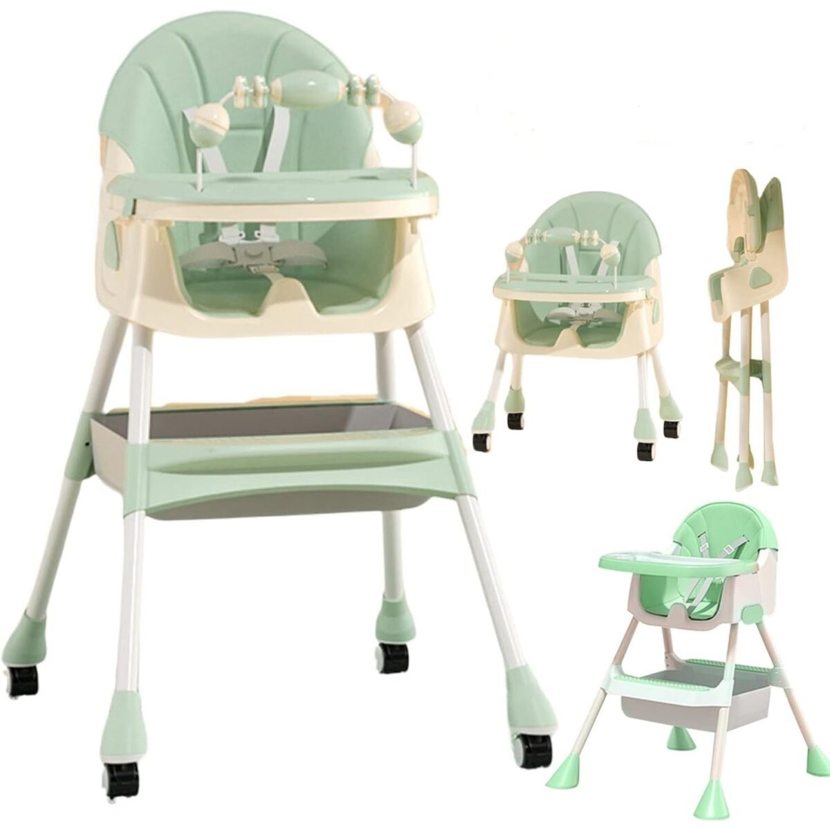 Scaun de Masa 2in1, Embo, pentru Copii de la 6 luni - 5 Ani, Inaltime Reglabila, Centura in 5 Puncte, Tava de Masa, Roti cu Frana, Cos Depozitare, Jucarie Inclusa, 94 x 78 x 60 cm, Verde - imagine 4