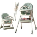 Scaun de Masa 2in1, Embo, pentru Copii de la 6 luni - 5 Ani, Inaltime Reglabila, Centura in 5 Puncte, Tava de Masa, Roti cu Frana, Cos Depozitare, Jucarie Inclusa, 94 x 78 x 60 cm, Verde - imagine 6