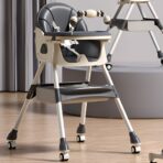 Scaun de Masa pe Roti pentru Copii, Embo, 2 Tavite si Husa Detasabile, Multifuncțional, Stabil, Centura de Siguranta, Spatar Reglabil Moale, Balansoar, Cos de Depozitare, de la 6 Luni, Gri - imagine 2