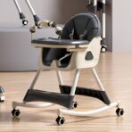 Scaun de Masa pe Roti pentru Copii, Embo, 2 Tavite si Husa Detasabile, Multifuncțional, Stabil, Centura de Siguranta, Spatar Reglabil Moale, Balansoar, Cos de Depozitare, de la 6 Luni, Gri - imagine 3