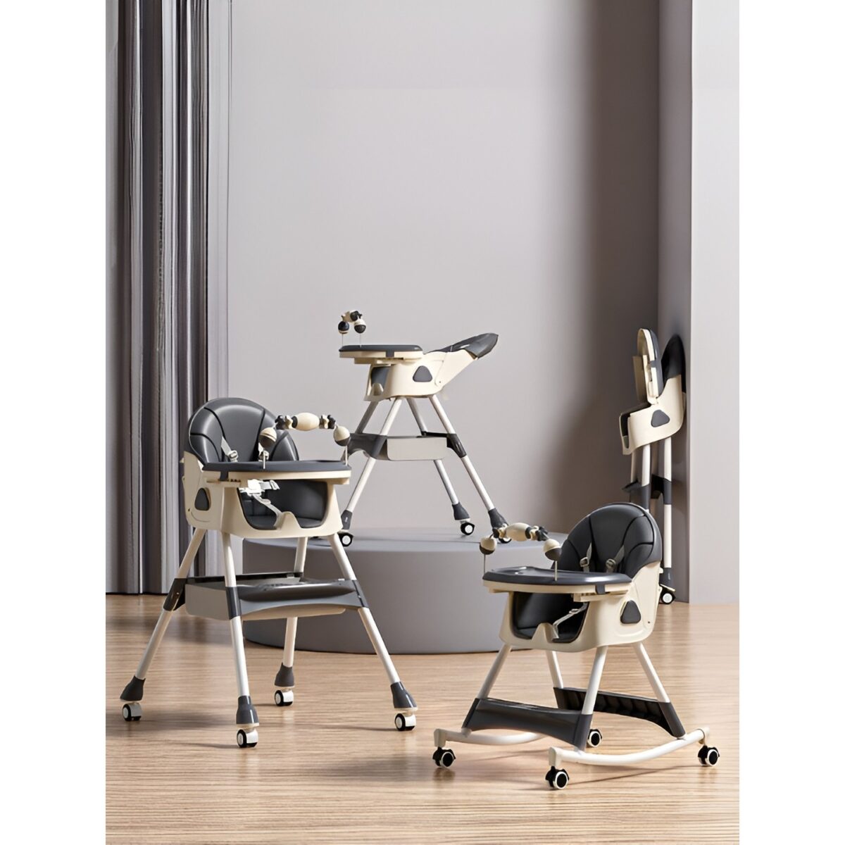 Scaun de Masa pe Roti pentru Copii, Embo, 2 Tavite si Husa Detasabile, Multifuncțional, Stabil, Centura de Siguranta, Spatar Reglabil Moale, Balansoar, Cos de Depozitare, de la 6 Luni, Gri - imagine 4