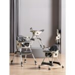 Scaun de Masa pe Roti pentru Copii, Embo, 2 Tavite si Husa Detasabile, Multifuncțional, Stabil, Centura de Siguranta, Spatar Reglabil Moale, Balansoar, Cos de Depozitare, de la 6 Luni, Gri - imagine 4