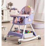 Scaun de Masa pe Roti pentru Copii, Embo, 2 Tavite si Husa Detasabile, Multifuncțional, Stabil, Centura de Siguranta, Spatar Reglabil Moale, Balansoar, Cos de Depozitare, de la 6 Luni, Mov - imagine 2
