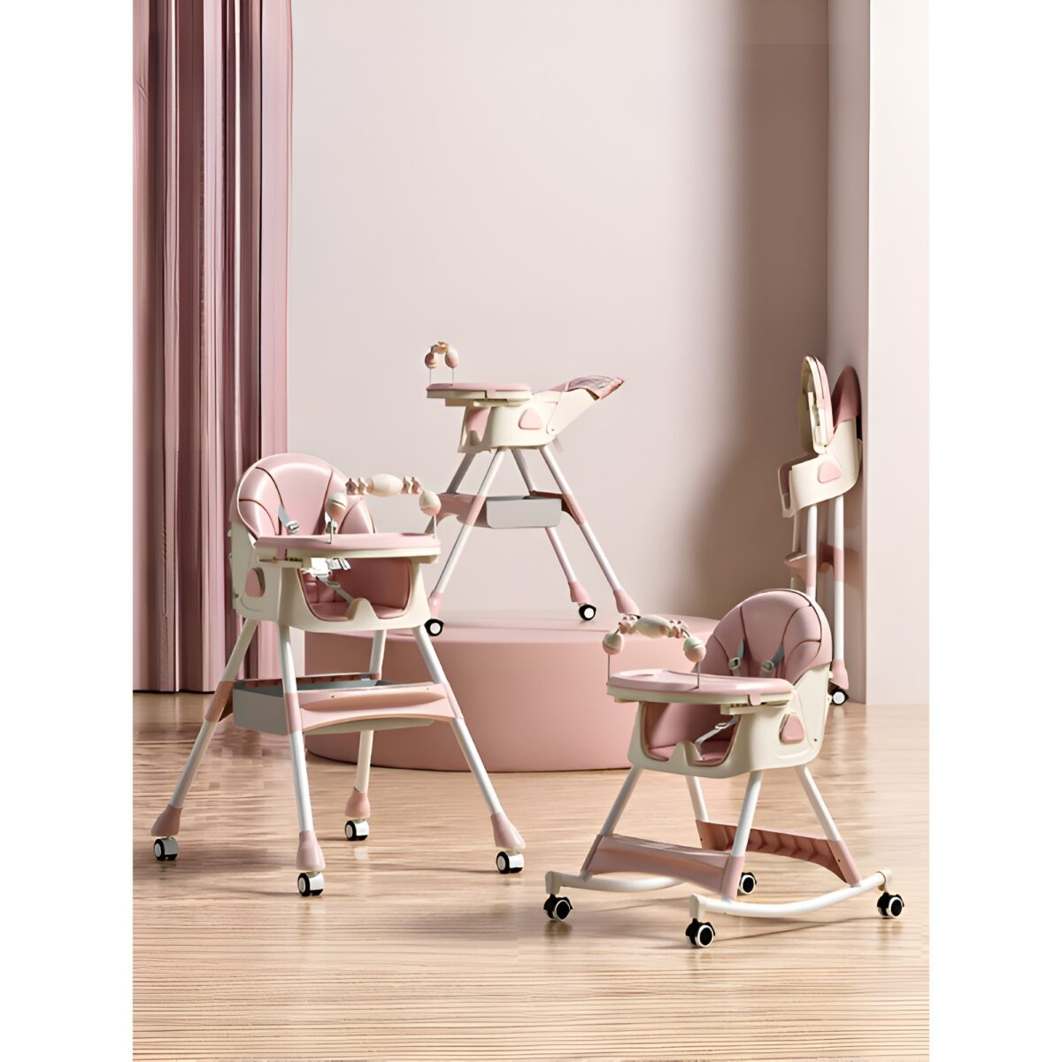 Scaun de Masa pe Roti pentru Copii, Embo, 2 Tavite si Husa Detasabile, Multifuncțional, Stabil, Centura de Siguranta, Spatar Reglabil Moale, Balansoar, Cos de Depozitare, de la 6 Luni, Roz - imagine 2