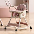 Scaun de Masa pe Roti pentru Copii, Embo, 2 Tavite si Husa Detasabile, Multifuncțional, Stabil, Centura de Siguranta, Spatar Reglabil Moale, Balansoar, Cos de Depozitare, de la 6 Luni, Roz - imagine 3