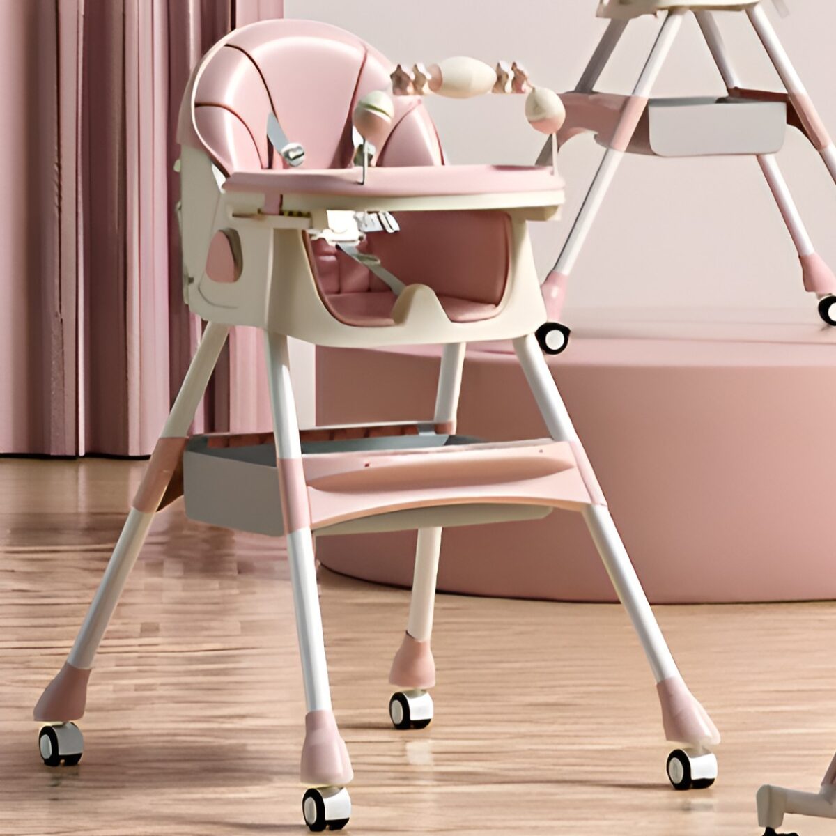 Scaun de Masa pe Roti pentru Copii, Embo, 2 Tavite si Husa Detasabile, Multifuncțional, Stabil, Centura de Siguranta, Spatar Reglabil Moale, Balansoar, Cos de Depozitare, de la 6 Luni, Roz - imagine 4