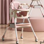 Scaun de Masa pe Roti pentru Copii, Embo, 2 Tavite si Husa Detasabile, Multifuncțional, Stabil, Centura de Siguranta, Spatar Reglabil Moale, Balansoar, Cos de Depozitare, de la 6 Luni, Roz - imagine 4