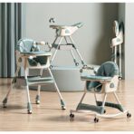 Scaun de Masa pe Roti pentru Copii, Embo, 2 Tavite si Husa Detasabile, Multifuncțional, Stabil, Centura de Siguranta, Spatar Reglabil Moale, Balansoar, Cos de Depozitare, de la 6 Luni, Verde - imagine 2