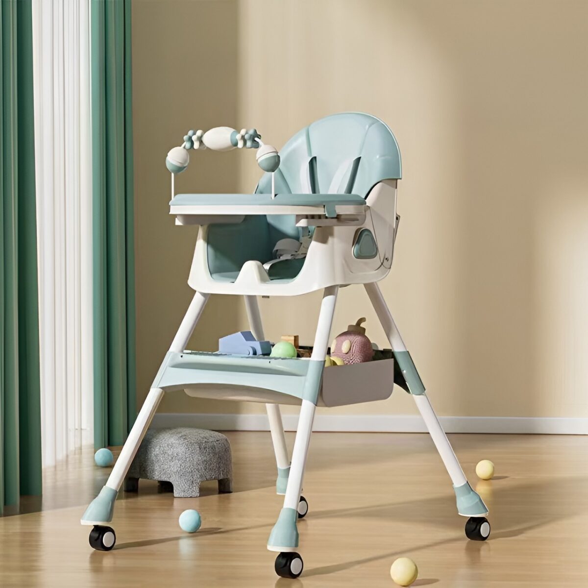 Scaun de Masa pe Roti pentru Copii, Embo, 2 Tavite si Husa Detasabile, Multifuncțional, Stabil, Centura de Siguranta, Spatar Reglabil Moale, Balansoar, Cos de Depozitare, de la 6 Luni, Verde - imagine 3