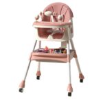 Scaun de Masa pe Roti pentru Copii, Embo, 2 Tavite si Husa Detasabile, Multifuncțional, Stabil, Centura de Siguranta, Spatar Reglabil Moale, Balansoar, Cos de Depozitare, de la 6 Luni, Roz