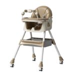 Scaun de Masa pe Roti pentru Copii, Embo, 2 Tavite si Husa Detasabile, Multifuncțional, Stabil, Centura de Siguranta, Spatar Reglabil Moale, Balansoar, Cos de Depozitare, de la 6 Luni, Crem