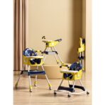 Scaun de Masa pentru Bebelusi si Copii, Embo, 2 Tavite cu Jucarii si Husa Detasabile, Multifuncțional, Stabil, Centura de Siguranta, Spatar Reglabil Moale, Balansoar, Cos de Depozitare, de la 6 Luni, 97x73x65cm, Galben - imagine 3