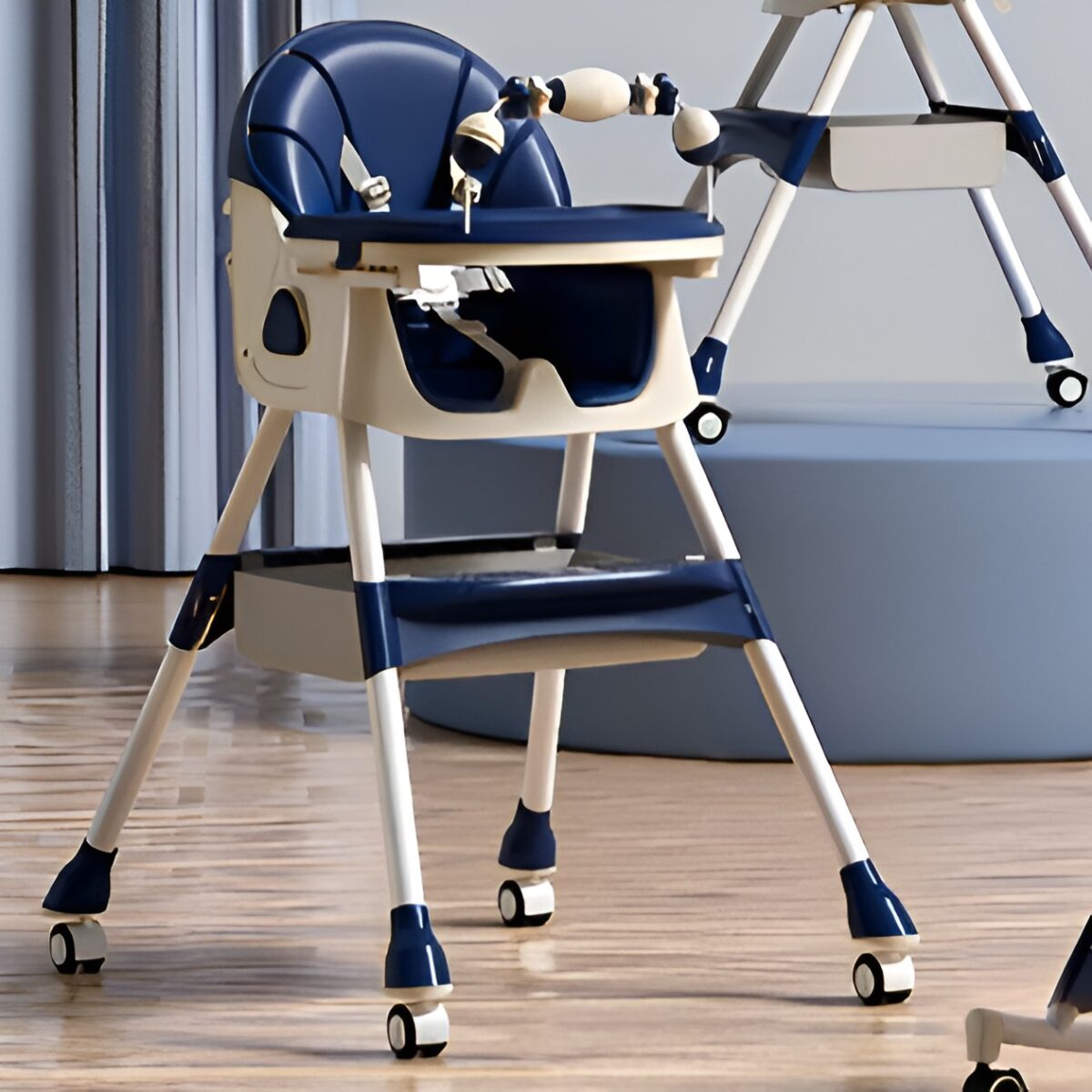 Scaun de Masa pentru Bebelusi si Copii, Embo, 2 Tavite cu Jucarii si Husa Detasabile, Multifuncțional, Stabil, Centura de Siguranta, Spatar Reglabil Moale, Balansoar, Cos de Depozitare, de la 6 Luni, 97x73x65cm, Albastru - imagine 2