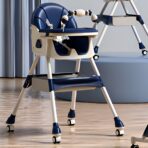 Scaun de Masa pentru Bebelusi si Copii, Embo, 2 Tavite cu Jucarii si Husa Detasabile, Multifuncțional, Stabil, Centura de Siguranta, Spatar Reglabil Moale, Balansoar, Cos de Depozitare, de la 6 Luni, 97x73x65cm, Albastru - imagine 2