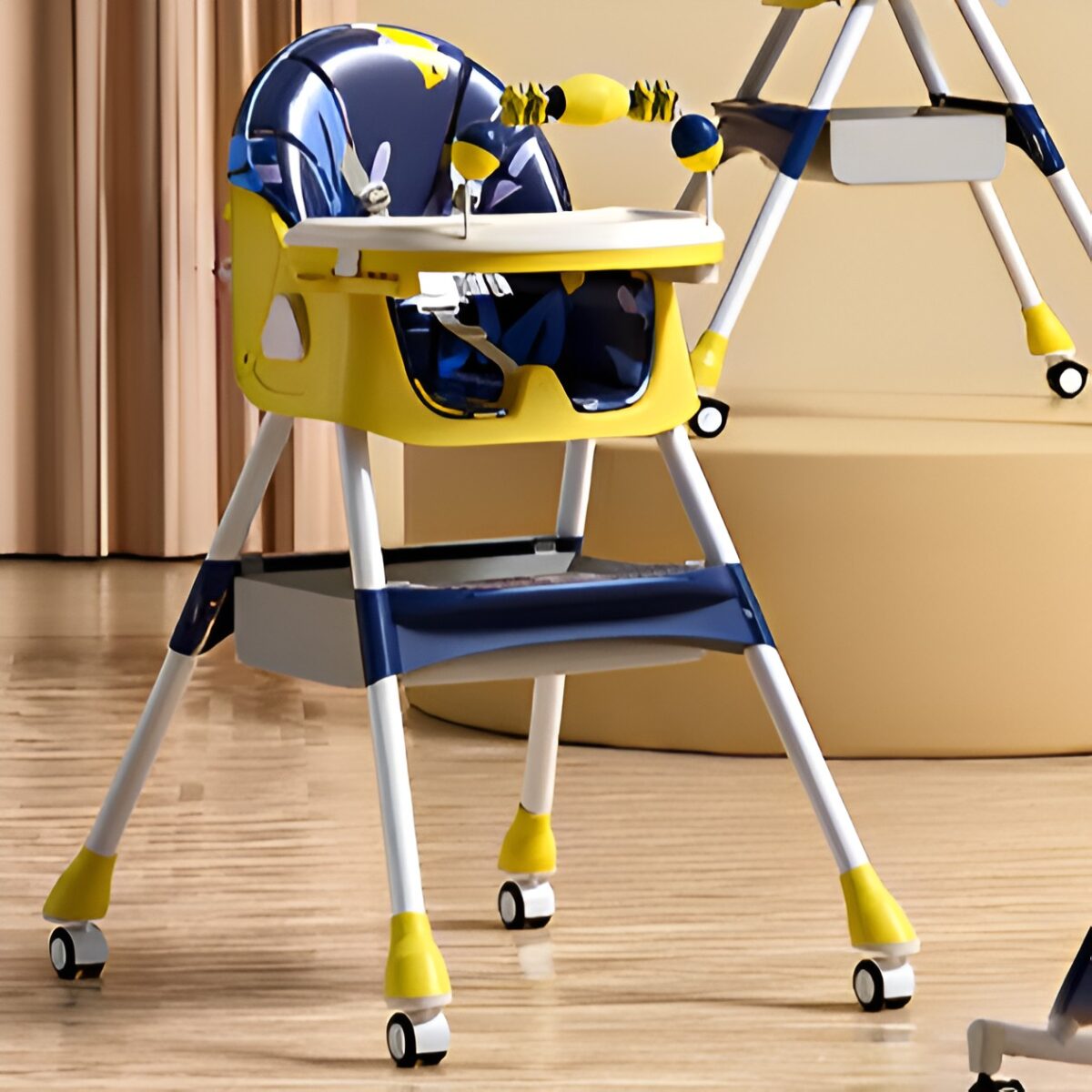 Scaun de Masa pentru Bebelusi si Copii, Embo, 2 Tavite cu Jucarii si Husa Detasabile, Multifuncțional, Stabil, Centura de Siguranta, Spatar Reglabil Moale, Balansoar, Cos de Depozitare, de la 6 Luni, 97x73x65cm, Galben - imagine 4