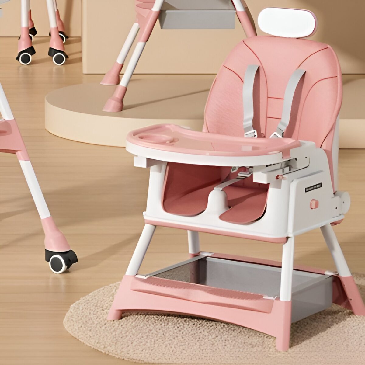 Scaun de Masa pentru Bebelusi si Copii Embo, cu Roti, cu Tetiera, Telescopic, Pliabil, Masuta Reglabila, Suport Picioare, Scaun cu Invelis Piele Artificiala, Centura Siguranta, Spatiu Depozitare, 97 x 73 x 65 cm, Roz - imagine 4