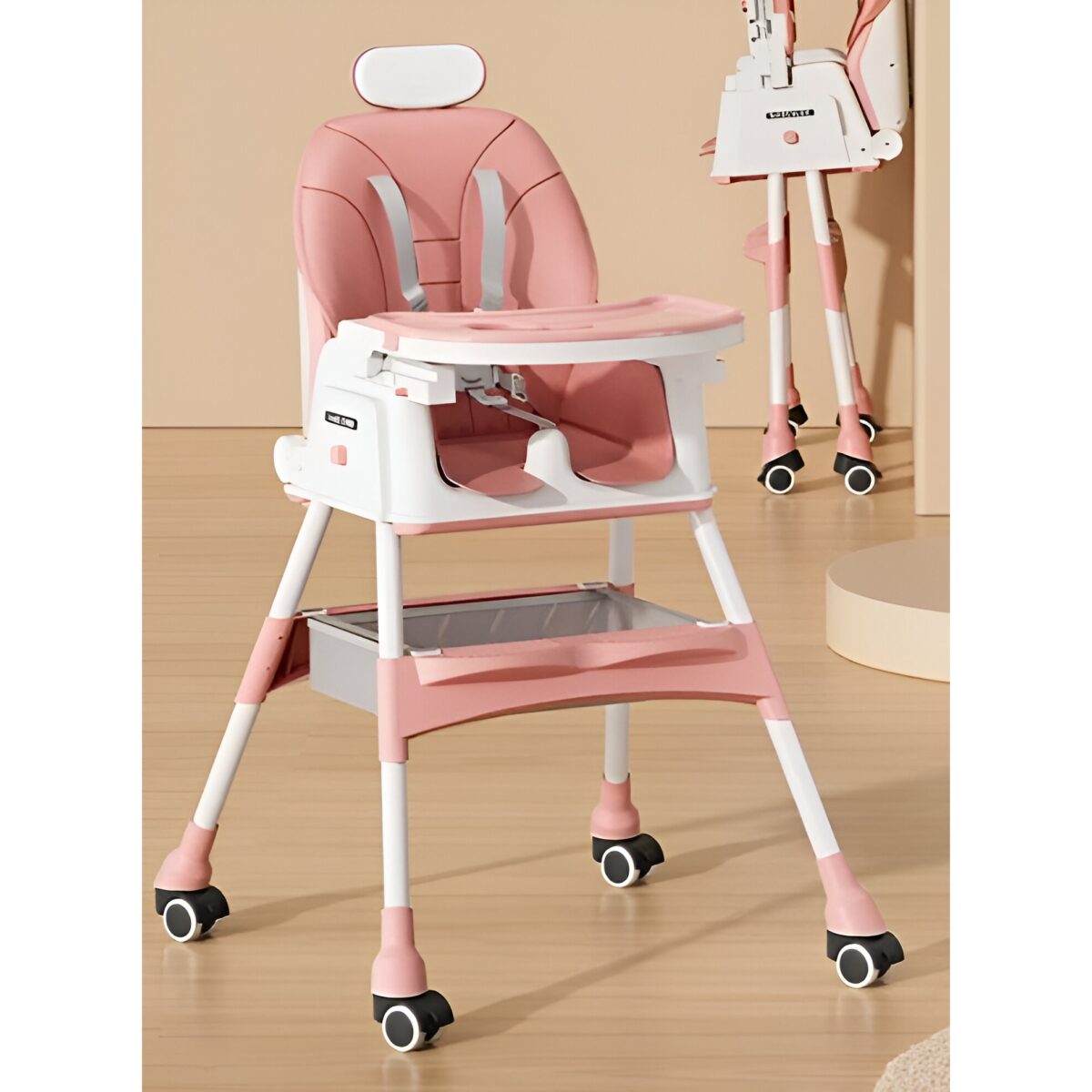 Scaun de Masa pentru Bebelusi si Copii Embo, cu Roti, cu Tetiera, Telescopic, Pliabil, Masuta Reglabila, Suport Picioare, Scaun cu Invelis Piele Artificiala, Centura Siguranta, Spatiu Depozitare, 97 x 73 x 65 cm, Roz - imagine 5