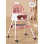 Scaun de Masa pentru Bebelusi si Copii Embo, cu Roti, cu Tetiera, Telescopic, Pliabil, Masuta Reglabila, Suport Picioare, Scaun cu Invelis Piele Artificiala, Centura Siguranta, Spatiu Depozitare, 97 x 73 x 65 cm, Roz - imagine 5