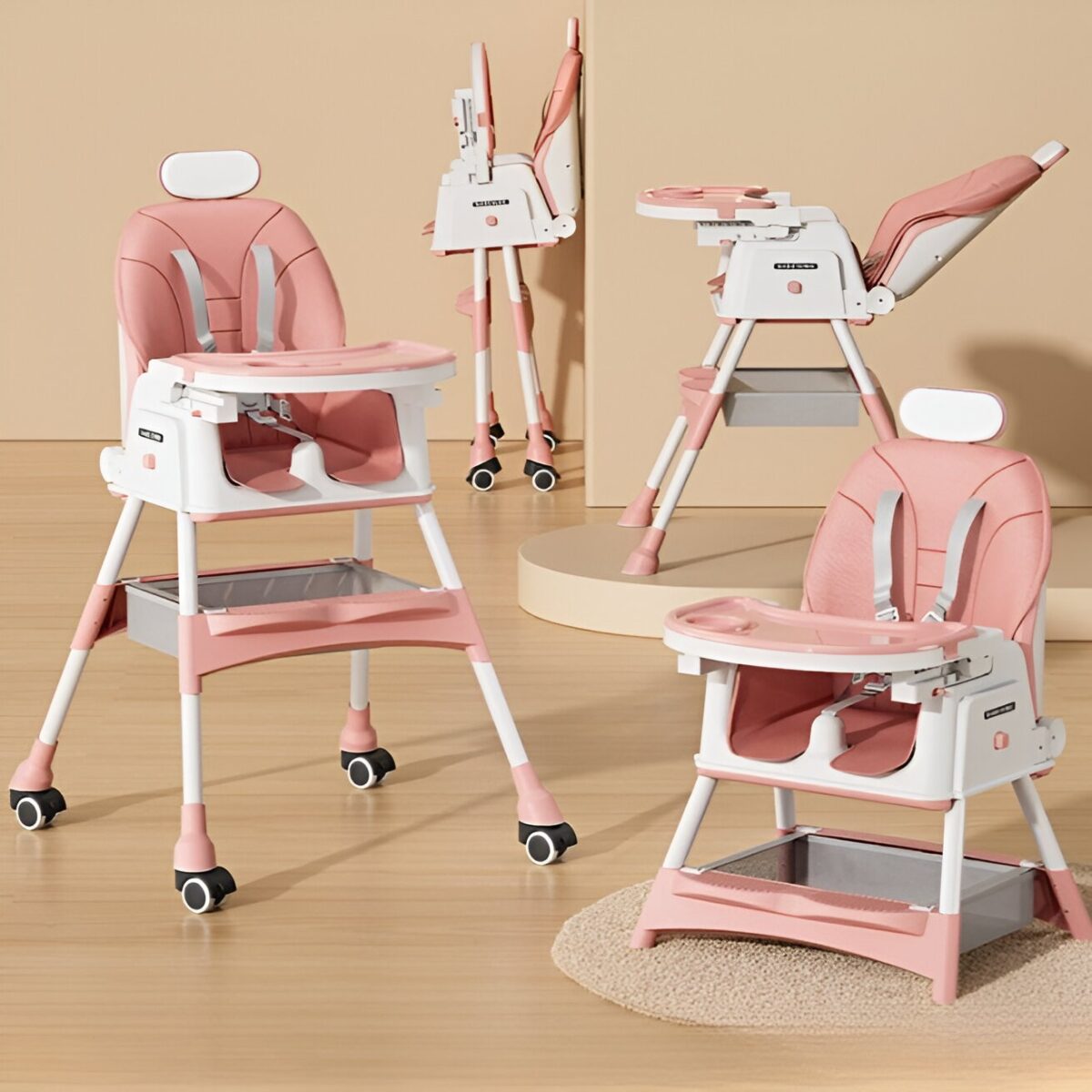 Scaun de Masa pentru Bebelusi si Copii Embo, cu Roti, cu Tetiera, Telescopic, Pliabil, Masuta Reglabila, Suport Picioare, Scaun cu Invelis Piele Artificiala, Centura Siguranta, Spatiu Depozitare, 97 x 73 x 65 cm, Roz - imagine 6