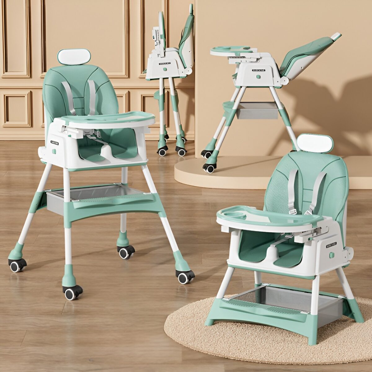 Scaun de Masa pentru Bebelusi si Copii Embo, cu Roti, cu Tetiera, Telescopic, Pliabil, Masuta Reglabila, Suport Picioare, Scaun cu Invelis Piele Artificiala, Centura Siguranta, Spatiu Depozitare, 97 x 73 x 65 cm, Albastru - imagine 2