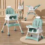 Scaun de Masa pentru Bebelusi si Copii Embo, cu Roti, cu Tetiera, Telescopic, Pliabil, Masuta Reglabila, Suport Picioare, Scaun cu Invelis Piele Artificiala, Centura Siguranta, Spatiu Depozitare, 97 x 73 x 65 cm, Albastru - imagine 2