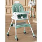 Scaun de Masa pentru Bebelusi si Copii Embo, cu Roti, cu Tetiera, Telescopic, Pliabil, Masuta Reglabila, Suport Picioare, Scaun cu Invelis Piele Artificiala, Centura Siguranta, Spatiu Depozitare, 97 x 73 x 65 cm, Albastru - imagine 3