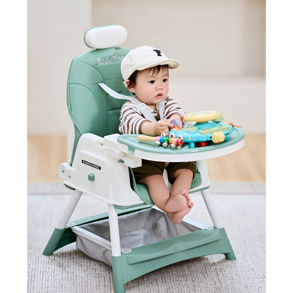 Scaun de Masa pentru Bebelusi si Copii Embo, cu Roti, cu Tetiera, Telescopic, Pliabil, Masuta Reglabila, Suport Picioare, Scaun cu Invelis Piele Artificiala, Centura Siguranta, Spatiu Depozitare, 97 x 73 x 65 cm, Albastru - imagine 4