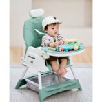 Scaun de Masa pentru Bebelusi si Copii Embo, cu Roti, cu Tetiera, Telescopic, Pliabil, Masuta Reglabila, Suport Picioare, Scaun cu Invelis Piele Artificiala, Centura Siguranta, Spatiu Depozitare, 97 x 73 x 65 cm, Albastru - imagine 4