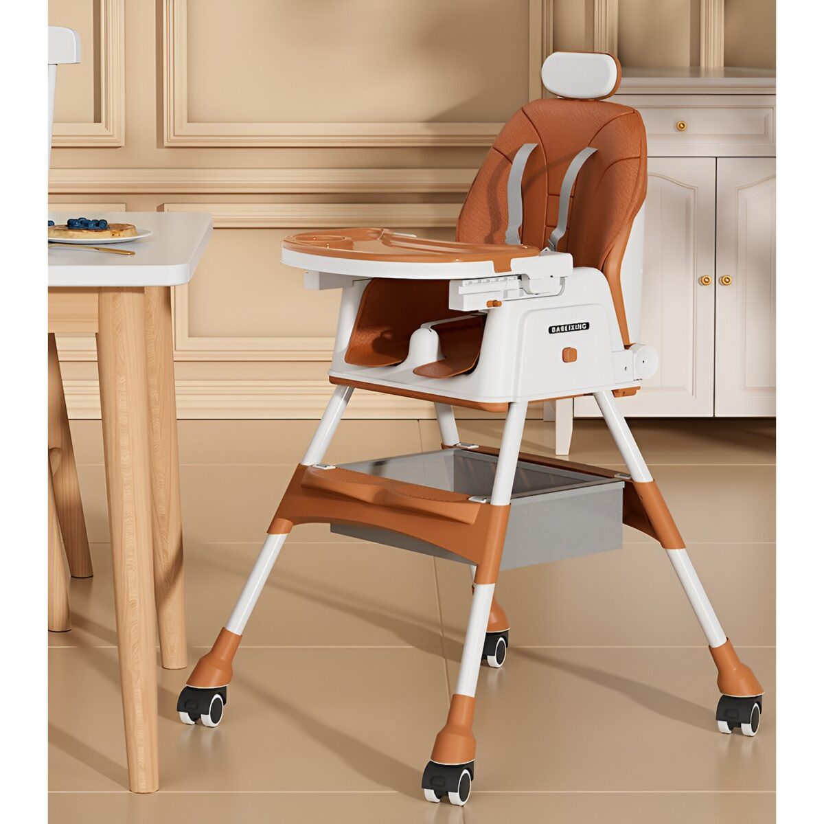 Scaun de Masa pentru Bebelusi si Copii Embo, cu Roti, cu Tetiera, Telescopic, Pliabil, Masuta Reglabila, Suport Picioare, Scaun cu Invelis Piele Artificiala, Centura Siguranta, Spatiu Depozitare, 97 x 73 x 65 cm, Maro - imagine 2