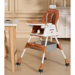 Scaun de Masa pentru Bebelusi si Copii Embo, cu Roti, cu Tetiera, Telescopic, Pliabil, Masuta Reglabila, Suport Picioare, Scaun cu Invelis Piele Artificiala, Centura Siguranta, Spatiu Depozitare, 97 x 73 x 65 cm, Maro - imagine 2
