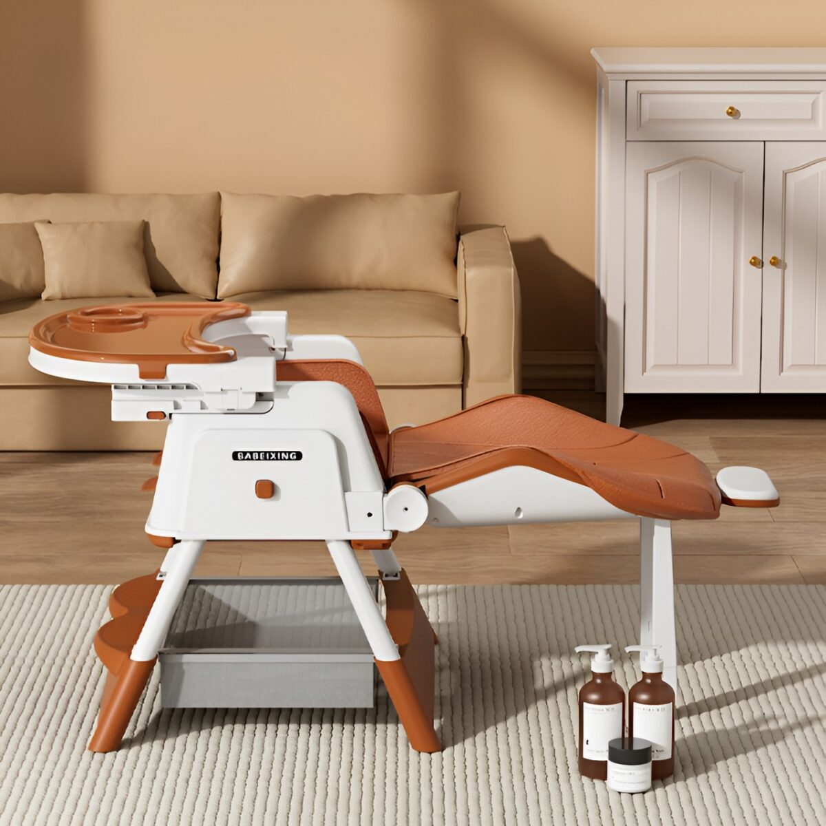 Scaun de Masa pentru Bebelusi si Copii Embo, cu Roti, cu Tetiera, Telescopic, Pliabil, Masuta Reglabila, Suport Picioare, Scaun cu Invelis Piele Artificiala, Centura Siguranta, Spatiu Depozitare, 97 x 73 x 65 cm, Maro - imagine 3