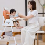Scaun de Masa pentru Bebelusi si Copii Embo, cu Roti, cu Tetiera, Telescopic, Pliabil, Masuta Reglabila, Suport Picioare, Scaun cu Invelis Piele Artificiala, Centura Siguranta, Spatiu Depozitare, 97 x 73 x 65 cm, Maro - imagine 4