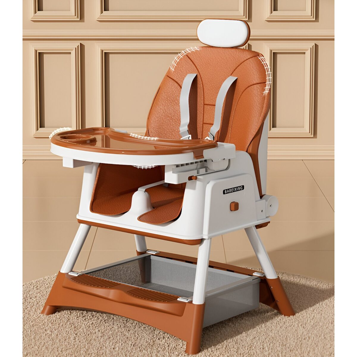 Scaun de Masa pentru Bebelusi si Copii Embo, cu Roti, cu Tetiera, Telescopic, Pliabil, Masuta Reglabila, Suport Picioare, Scaun cu Invelis Piele Artificiala, Centura Siguranta, Spatiu Depozitare, 97 x 73 x 65 cm, Maro - imagine 5
