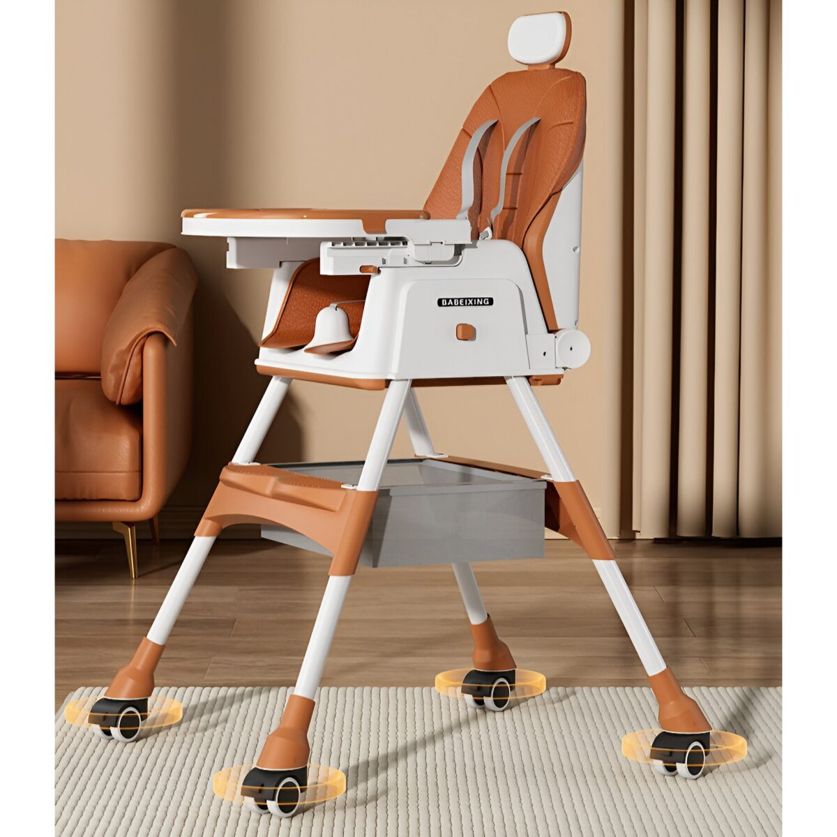 Scaun de Masa pentru Bebelusi si Copii Embo, cu Roti, cu Tetiera, Telescopic, Pliabil, Masuta Reglabila, Suport Picioare, Scaun cu Invelis Piele Artificiala, Centura Siguranta, Spatiu Depozitare, 97 x 73 x 65 cm, Maro - imagine 6