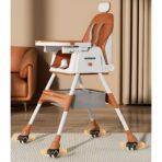 Scaun de Masa pentru Bebelusi si Copii Embo, cu Roti, cu Tetiera, Telescopic, Pliabil, Masuta Reglabila, Suport Picioare, Scaun cu Invelis Piele Artificiala, Centura Siguranta, Spatiu Depozitare, 97 x 73 x 65 cm, Maro - imagine 6